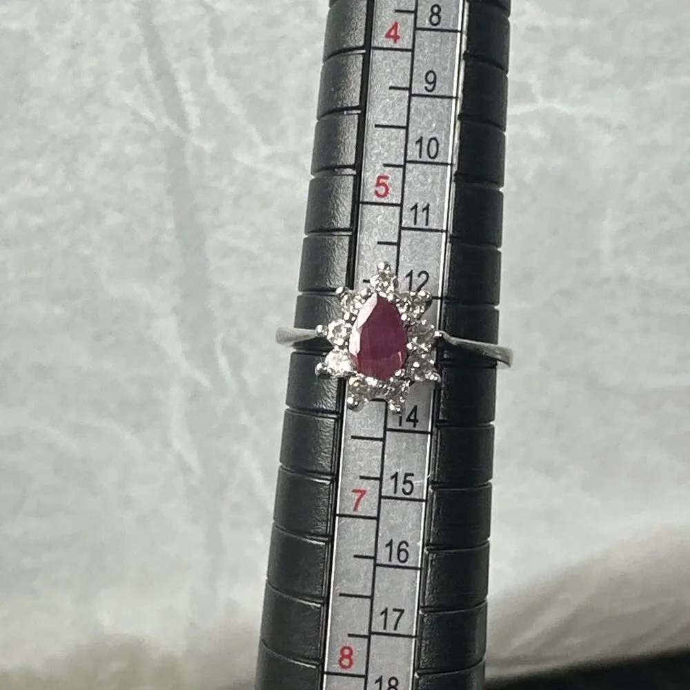 925 Sterling Silver Pear Ruby-Created Halo Ring Size 6 – 2.6g NV Marked